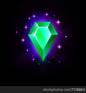 Pear green emerald shining gemstone with magical glow and stars on dark background vector illustration. Pear green emerald shining gemstone with magical glow and stars on dark background vector illustration.