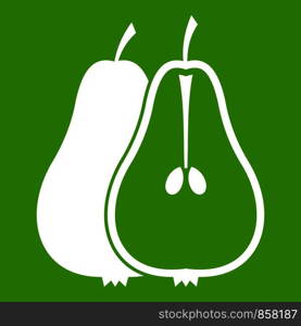 Pear icon white isolated on green background. Vector illustration. Pear icon green