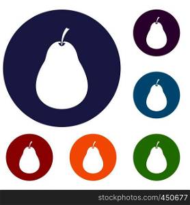 Pear icons set in flat circle reb, blue and green color for web. Pear icons set