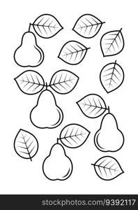 Pear leaves and pear fruits vector line icons. Nature and ecology. Pear, leaf, plant, vector, icons, drawing. Isolated icon of leaves and fruits pear for websites on white background.