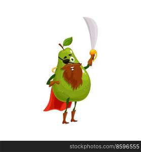 Pear or green tropical guava fruit pirate or buccaneer isolated funny cartoon characters. Vector playful corsair in cloak, with eye patch and sword, bearded juicy pear kids children emoji. Pirate emoticon guava or pear cartoon character