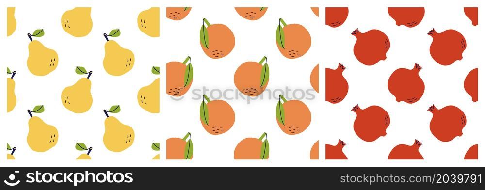 Pear, orange and garnet. Fruit seamless pattern bundle. Color illustration collection in hand-drawn style. Vector repeat background set.. Pear, orange and garnet. Fruit seamless pattern bundle. Color illustration collection in hand-drawn style. Vector repeat background set