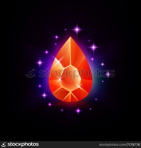 Pear orange shining gemstone with magical glow and stars on dark background vector illustration. Pear orange shining gemstone with magical glow and stars on dark background vector illustration.