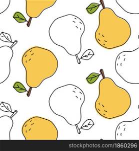 Pear seamless pattern. Fruit with leaves sketch. Color food vector illustration