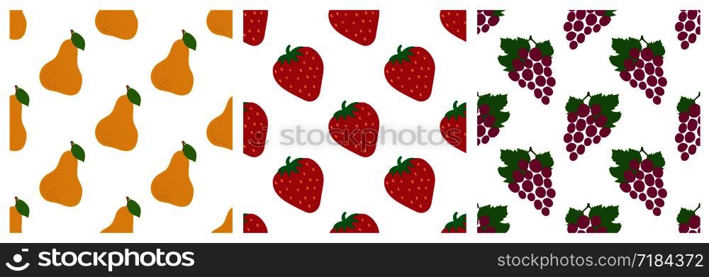 Pear, strawberry and grapes. Fruit seamless pattern set. Fashion design. Food print for clothes, linens or curtain. Hand drawn vector sketch background collection