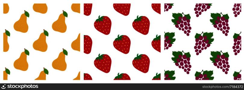 Pear, strawberry and grapes. Fruit seamless pattern set. Fashion design. Food print for clothes, linens or curtain. Hand drawn vector sketch background collection