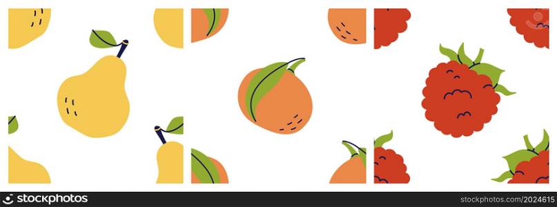 Pear, tangerine, raspberry and mandarin. Fruit seamless pattern bundle. Color illustration collection in hand-drawn style. Vector repeat background set