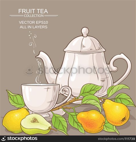 pear tea vector illustration. cup of pear tea and teapot on color background