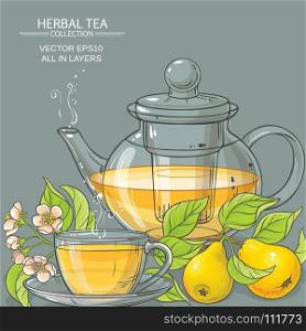 pear tea vector illustration. cup of pear tea and teapot on color background
