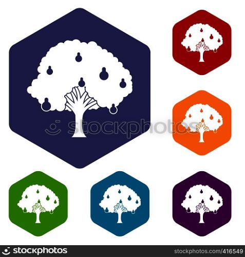Pear tree with pears icons set rhombus in different colors isolated on white background. Pear tree with pears icons set