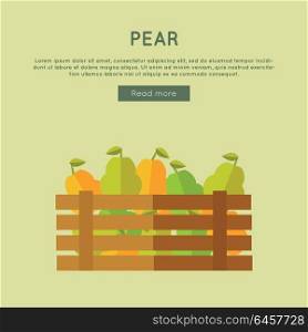 Pear vector web banner. Flat design. Illustration of wooden box full of fresh and ripe fruits on color background for grocery shop, farm, agricultural company web page design. . Pear Vector Web Banner in Flat Style Design.