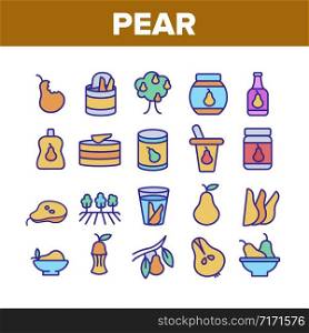 Pear Vitamin Fruit Collection Icons Set Vector. Pear Sliced Pieces And Healthy Drink Juice, Fresh And Pickles, Tree And Harvest Concept Linear Pictograms. Color Contour Illustrations. Pear Vitamin Fruit Collection Icons Set Vector