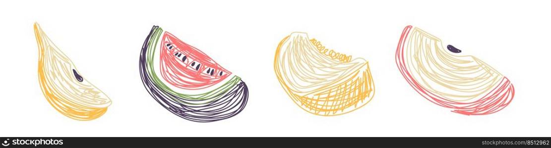 Pear, watermelon, melon and apple. Fruit sketch set. Hand drawn vector illustration. Pen or marker doodle.. Pear, watermelon, melon and apple. Fruit sketch set. Hand drawn vector illustration. Pen or marker doodle
