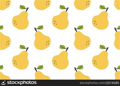 Pear with leaves. Fruit seamless pattern. Hand drawn vector illustration. Sweet natural food.