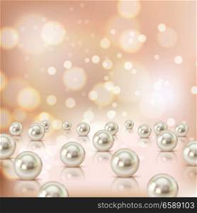 Pearl background with realistic images of cockle shells with blurry particles shadows and abstract elements vector illustration. Shell Pearls Background Composition