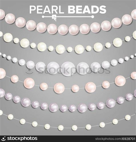 Pearl Beads Set Vector. 3D Realistic Shiny White Garlands. Necklace Jewelry. Wedding, Christmas Decoration. Illustration. Pearl Necklace Vector. Jewel String. Elegant Luxury Decoration Illustration.