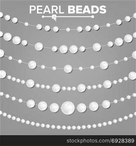Pearl Garlands Vector. Glamour Pearls Vintage Accessories Necklace. Elegant Luxury Decoration Illustration. Pearl Beads Set Vector. 3D Realistic Shiny White Garlands. Necklace Jewelry. Wedding, Christmas Decoration. Illustration