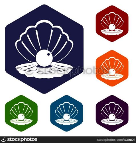 Pearl in a sea shell icons set hexagon isolated vector illustration. Pearl in a sea shell icons set hexagon