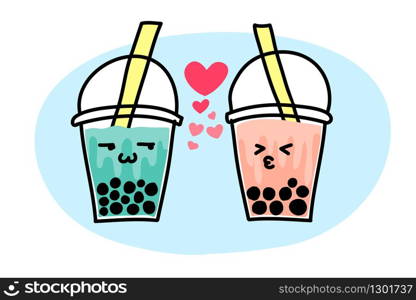 Pearl milk tea cups couple in love or Bubble tea cups in love couple. Drawing Asian kawaii style comic. Famous iced drink vector illustration with layers.