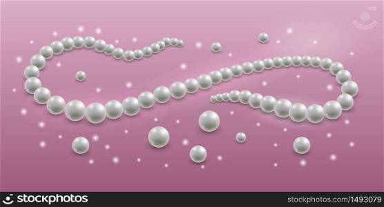 Pearl necklace. Jewelry design vector illustration. Realistic 3d pearls, light shine effect, sparkles on elegant colorful background.