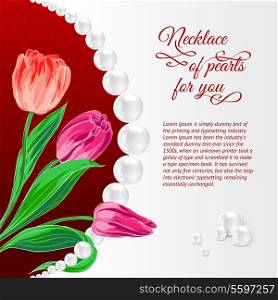 Pearl necklace on red. Vector illustration, contains transparencies, gradients and effects.