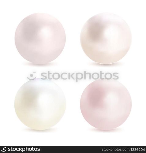 Pearl set isolated on transparent background. Spherical beautiful 3D orb with transparent glares and highlights. Jewel gems. Vector Illustration.