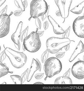 Pears and leaf seamless pattern. Sliced fruit. Hand draw fruit texture. Engraving vintage style. Design for wrapping paper, textile print. Modern vector illustration. Pears and leaf seamless pattern. Sliced fruit. Hand draw fruit texture.