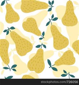 Pears seamless pattern on white background. Funny design for fabric, textile print, wrapping paper, children textile. Vector illustration. Sweet yellow pear seamless pattern. Funny design