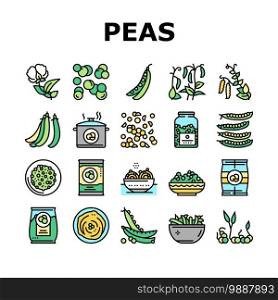Peas Beans Vegetable Collection Icons Set Vector. Peas Agricultural Plant And Flower, Boiling And Preserve, Bag And Container Packages Concept Linear Pictograms. Contour Color Illustrations. Peas Beans Vegetable Collection Icons Set Vector