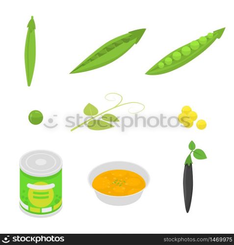 Peas icons set. Isometric set of peas vector icons for web design isolated on white background. Peas icons set, isometric style