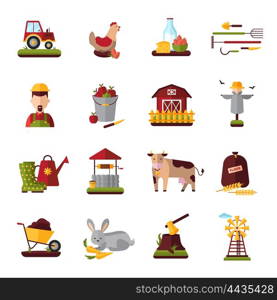 Peasant Farm Household Flat Icons Collection . Peasant farm household flat icons collection with domestic cattle animals and crops growing equipment abstract isolated vector illustration