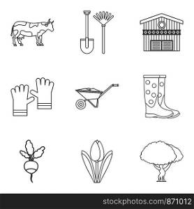 Peasant farm icons set. Outline set of 9 peasant farm vector icons for web isolated on white background. Peasant farm icons set, outline style