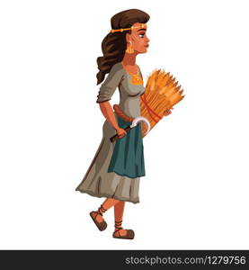 Peasant woman with sickle and sheaf of spikelets in hands, cartoon vector illustration. Female character in vintage clothes and shoes isolated on white background. Peasant woman with sickle and sheaf of spikelets