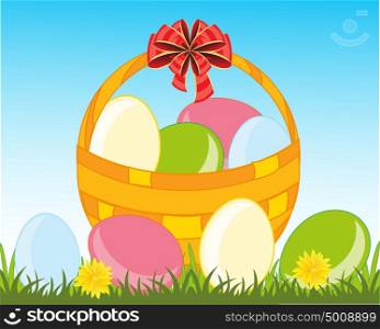 Peaster egg in basket. Basket with painted peaster egg on green herb