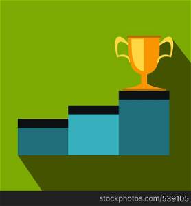 Pedestal and winner cup icon in flat style on a green background. Pedestal and winner cup icon, flat style