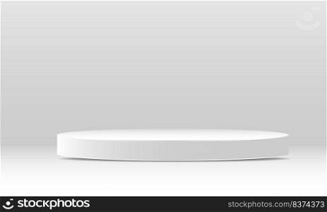pedestal podium mockup. Abstract white 3D vector room with realistic white cylinder pedestal podium set. Minimal scene for product display presentation. Vector geometric platform. Stage for showcase.