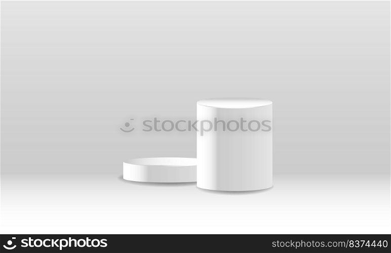 pedestal podium mockup. Abstract white 3D vector room with realistic white cylinder pedestal podium set. Minimal scene for product display presentation. Vector geometric platform. Stage for showcase.