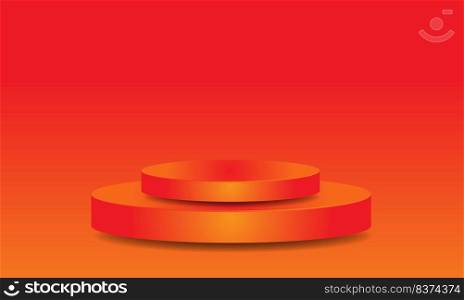 pedestal podium mockup. Minimal abstract scene with 3d vector podium, air flying geometric bubble shapes on orange background. Cosmetic product display presentation.
