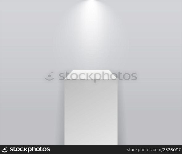 Pedestal podium. White stand platform. 3d pillar with stage and spotlight. Square or cube base for product, museum and gallery. Mockup of pillar for showroom, exposition and exhibition. Vector.