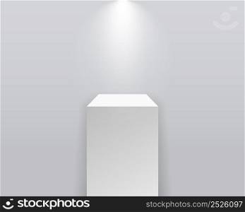 Pedestal podium. White stand platform. 3d pillar with stage and spotlight. Square or cube base for product, museum and gallery. Mockup of pillar for showroom, exposition and exhibition. Vector.