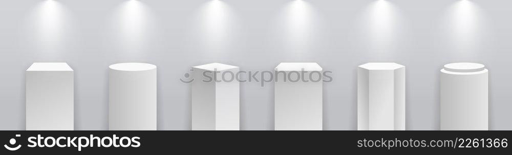 Pedestal podium. White stand with plinth for product. Museum stage. Pillar with platform for showroom, exposition and exhibition. Rectangle, cube, hexagon and round mockup with spotlight. Vector.