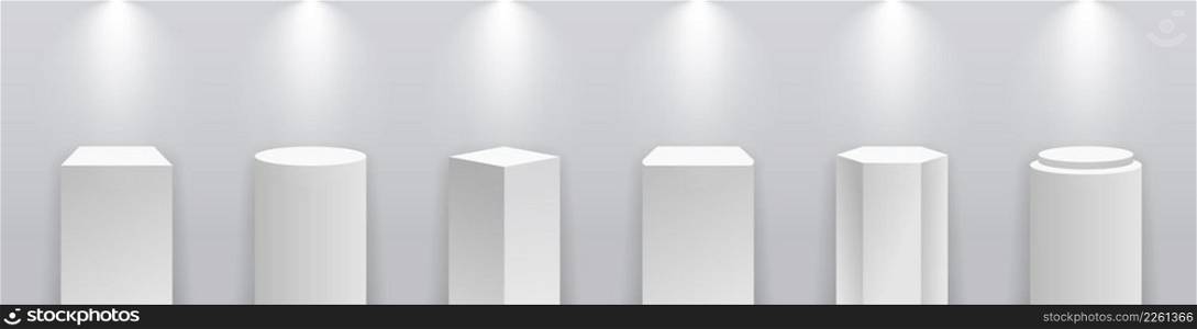 Pedestal podium. White stand with plinth for product. Museum stage. Pillar with platform for showroom, exposition and exhibition. Rectangle, cube, hexagon and round mockup with spotlight. Vector.