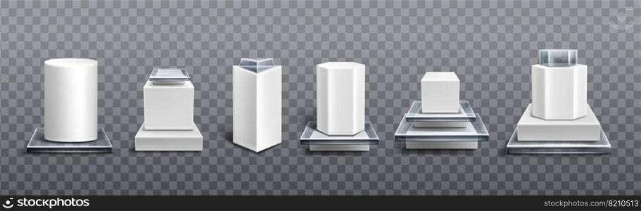 Pedestals from white plastic and glass for display product, exhibit or trophy. Vector realistic set of empty modern podiums different shapes, platforms for showcase, museum or exposition. Vector pedestals from white plastic and glass