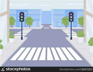 Pedestrian crossing flat color vector illustration. Modern urban lifestyle. Public area. Optimal location for pedestrians. Crosswalk 2D simple cartoon cityscape with buildings on background. Pedestrian crossing flat color vector illustration