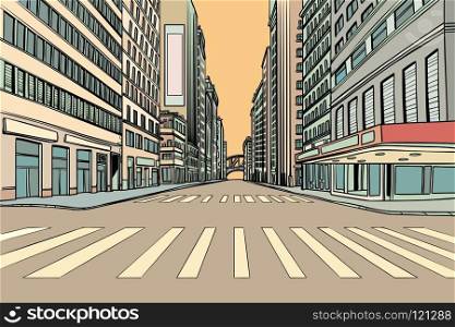 pedestrian crossing in the big city. Comic cartoon pop art retro vector illustration drawing. pedestrian crossing in the big city