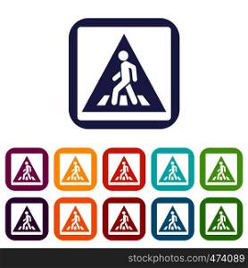 Pedestrian road sign icons set vector illustration in flat style In colors red, blue, green and other. Pedestrian road sign icons set