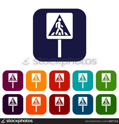 Pedestrian sign icons set vector illustration in flat style in colors red, blue, green, and other. Pedestrian sign icons set