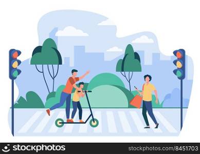 Pedestrians breaking traffic rules. People using cell, riding scooter on crosswalk flat vector illustration. Road safety, warning concept for banner, website design or landing web page