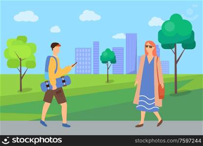 Pedestrians man and woman going in urban park, portrait view of people in casual clothes, cityscape of buildings and trees, walking outdoor vector. Man and Woman Going in Park, Pedestrians Vector