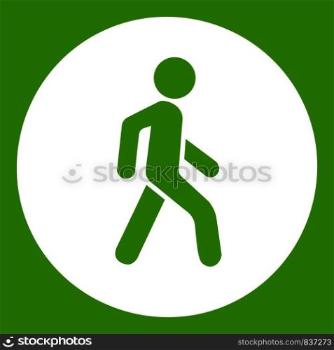 Pedestrians only road sign icon white isolated on green background. Vector illustration. Pedestrians only road sign icon green